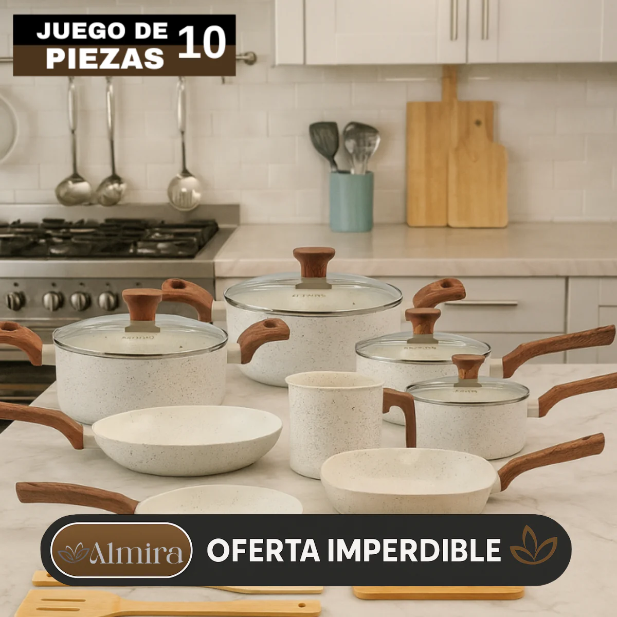 Conjunto Completo de 10 Piezas en Acero Inoxidable con Revestimiento de Cerámica y Mangos de Madera - Image 2