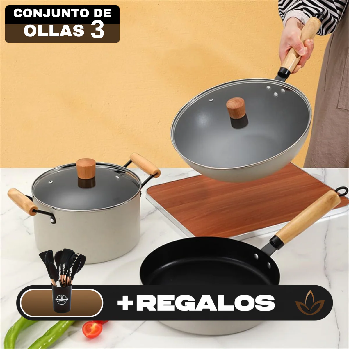 Conjunto Completo de 3 Ollas en Acero Inox Antideslizante con Mango de Madera +REGALO: Kit de Utensilios de Cocina