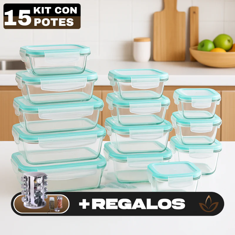 Conjunto de Recipientes Organizadores de Vidrio Templado con Tapa Antiderrame +REGALO: Porta Condimentos