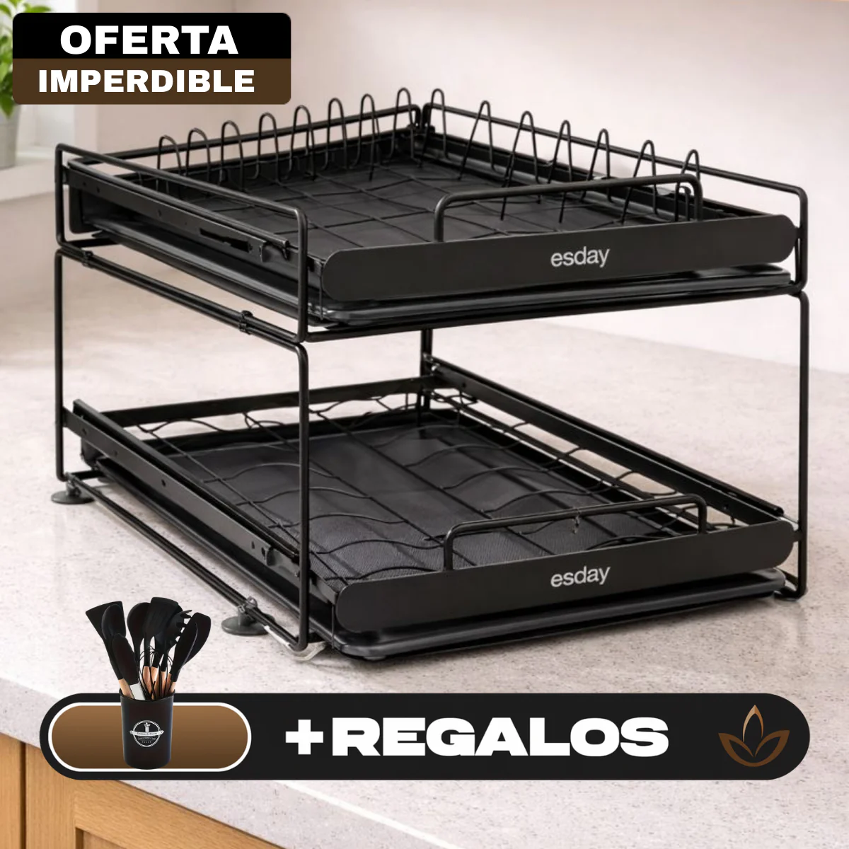 Escurridor de Acero Inoxidable de 2 Niveles con sistema inteligente de drenaje +REGALO: Kit de Utensilios de Cocina - Image 2