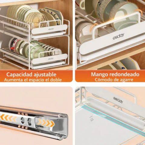 Escurridor de Acero Inoxidable de 2 Niveles con sistema inteligente de drenaje +REGALO: Kit de Utensilios de Cocina - Image 6