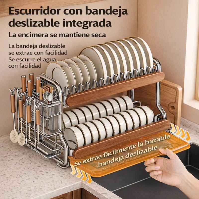 Escurridor Multifuncional de Acero Inoxidable y Madera (¡Moderno y Elegante!) +REGALO: Kit de Utensilios de Cocina - Image 4