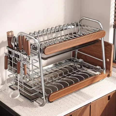 Escurridor Multifuncional de Acero Inoxidable y Madera (¡Moderno y Elegante!) +REGALO: Kit de Utensilios de Cocina - Image 5