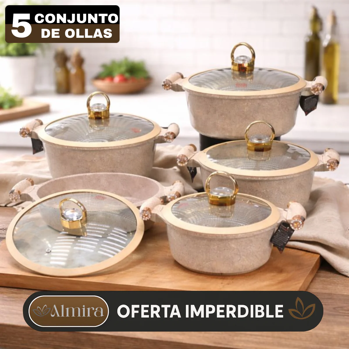 Juego de 5 Ollas de Cerámica Antiadherente con Triple Revestimiento (¡Cociná más rápido y con mucho menos desorden!)