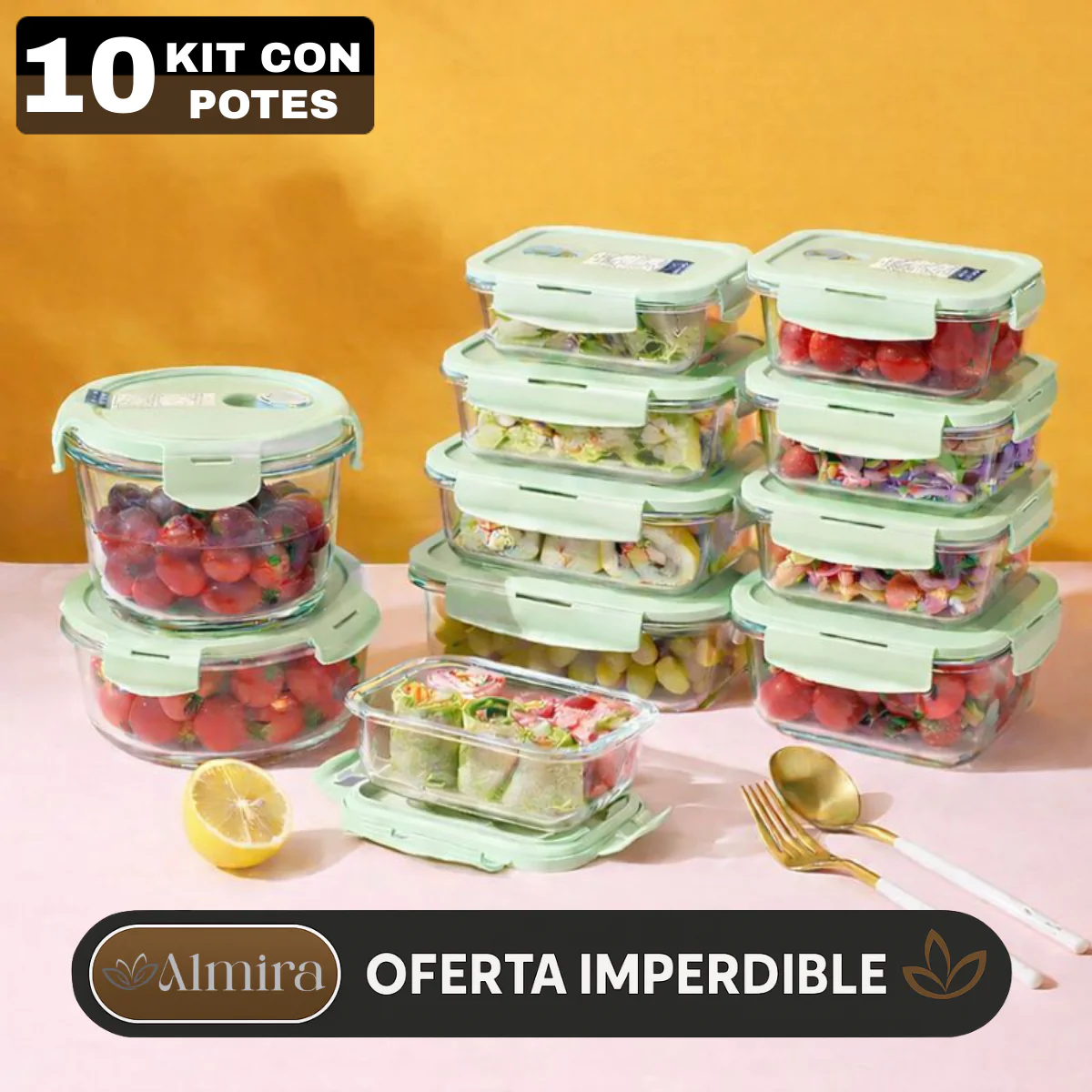 Kit 10 Potes Herméticos Antibacterianos de Vidrio Templado con Tapa de Alta Sellación - Image 2