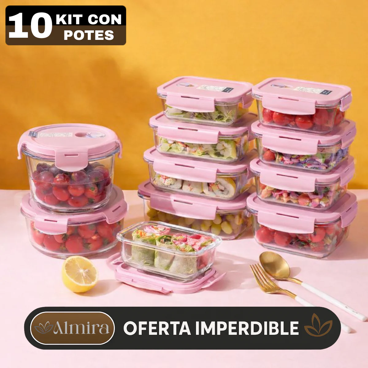 Kit 10 Potes Herméticos Antibacterianos de Vidrio Templado con Tapa de Alta Sellación - Image 3