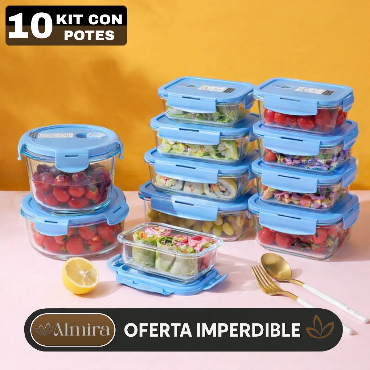 Kit 10 Potes Herméticos Antibacterianos de Vidrio Templado con Tapa de Alta Sellación - Image 4