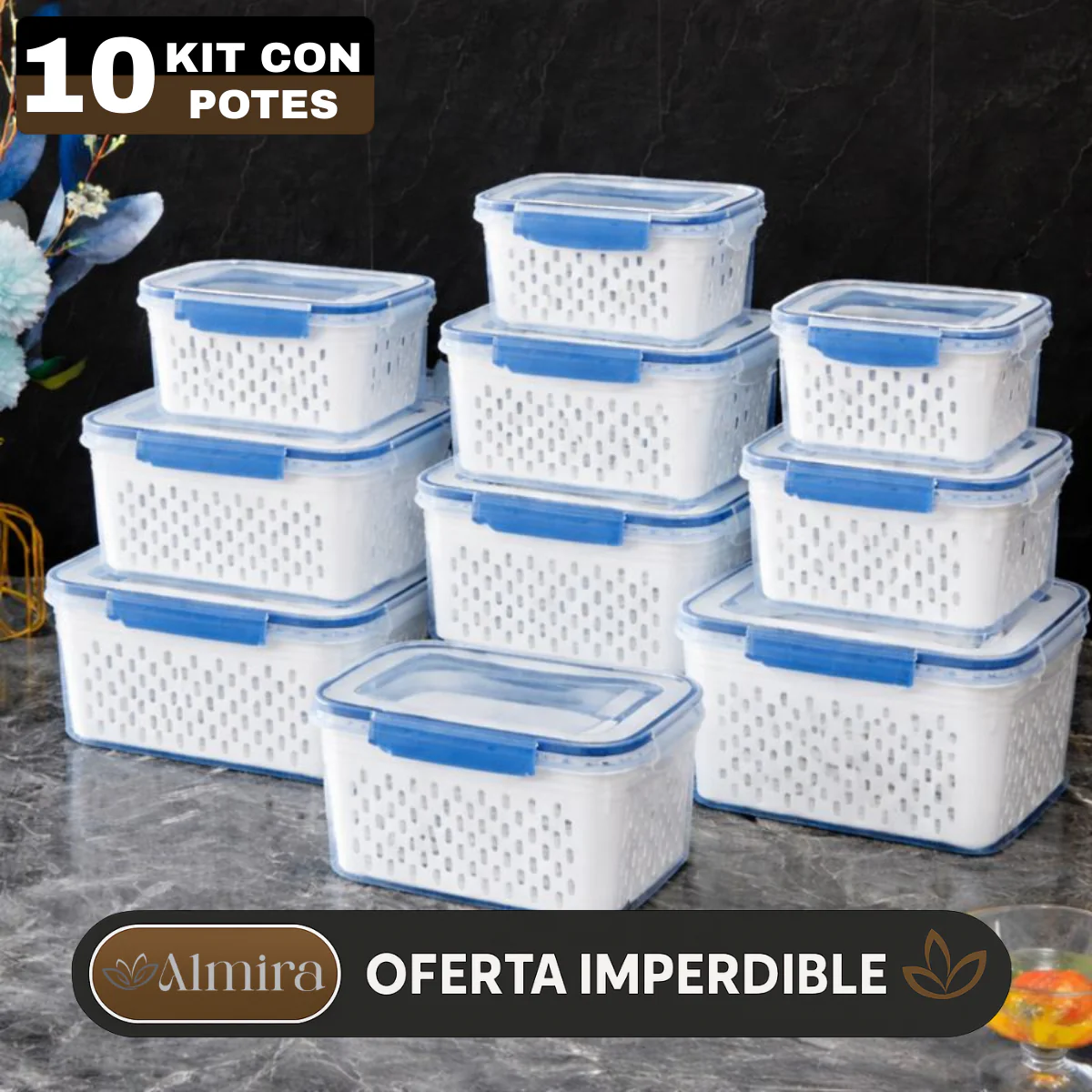Kit con 10 Recipientes Herméticos con Escurridor Inteligente (Moderno e innovador para tu cocina) - Image 2