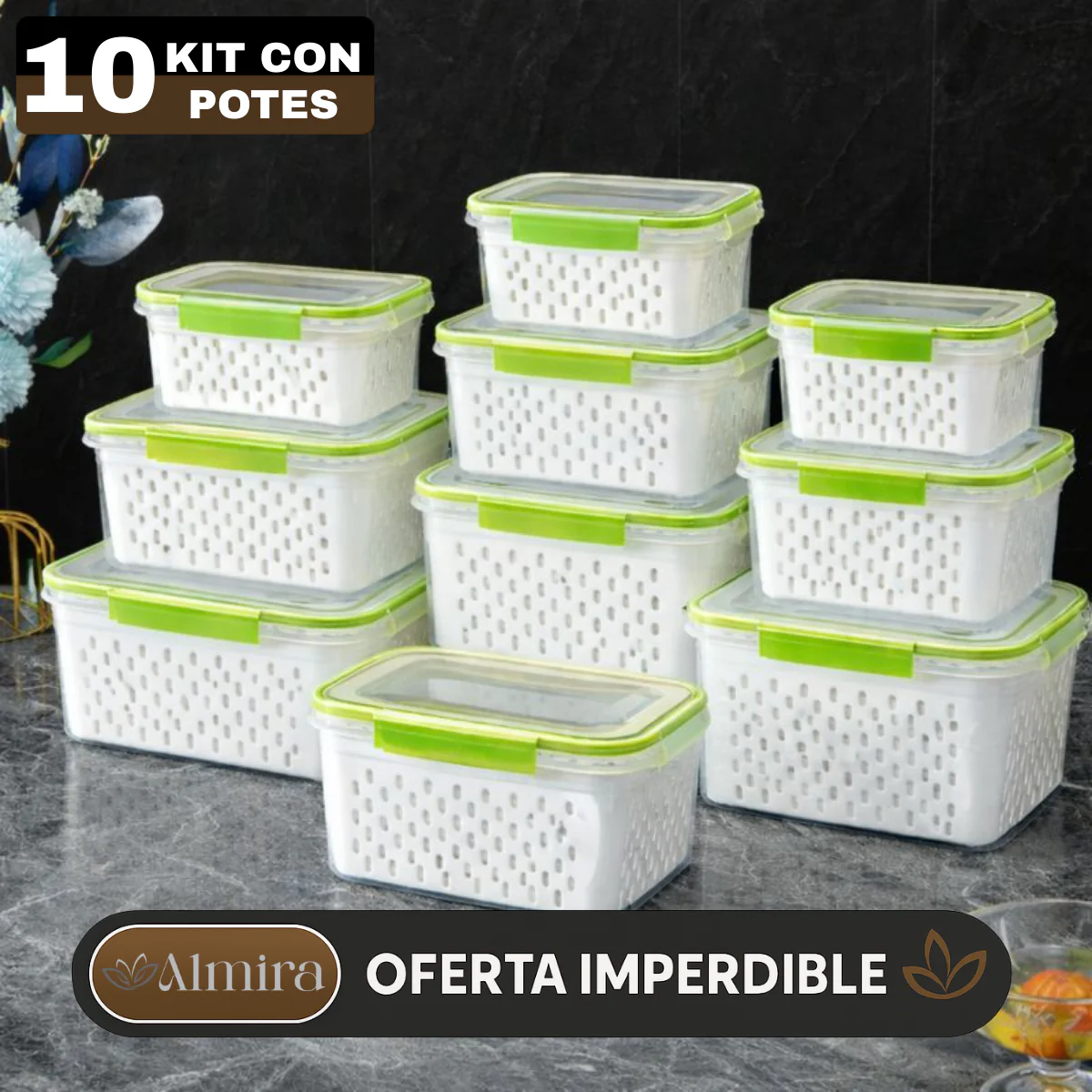 Kit con 10 Recipientes Herméticos con Escurridor Inteligente (Moderno e innovador para tu cocina) - Image 4