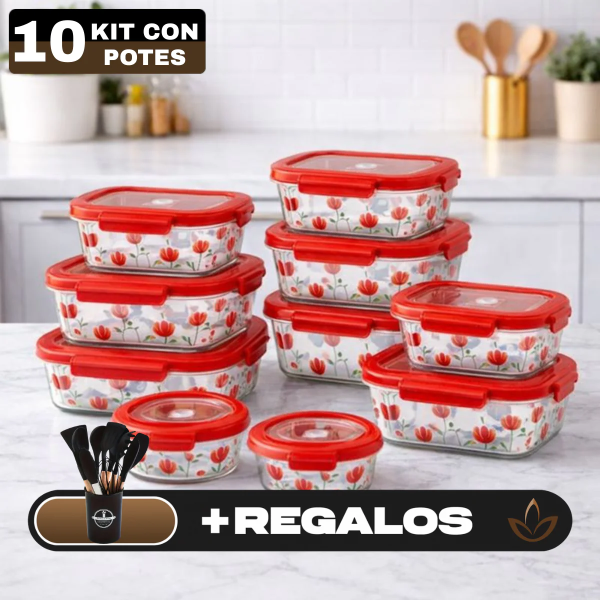 Kit de 10 Frascos Herméticos de Vidrio Templado con Tapa Sellada y Trabas + REGALO: Kit de Utensilios de Cocina - Image 2