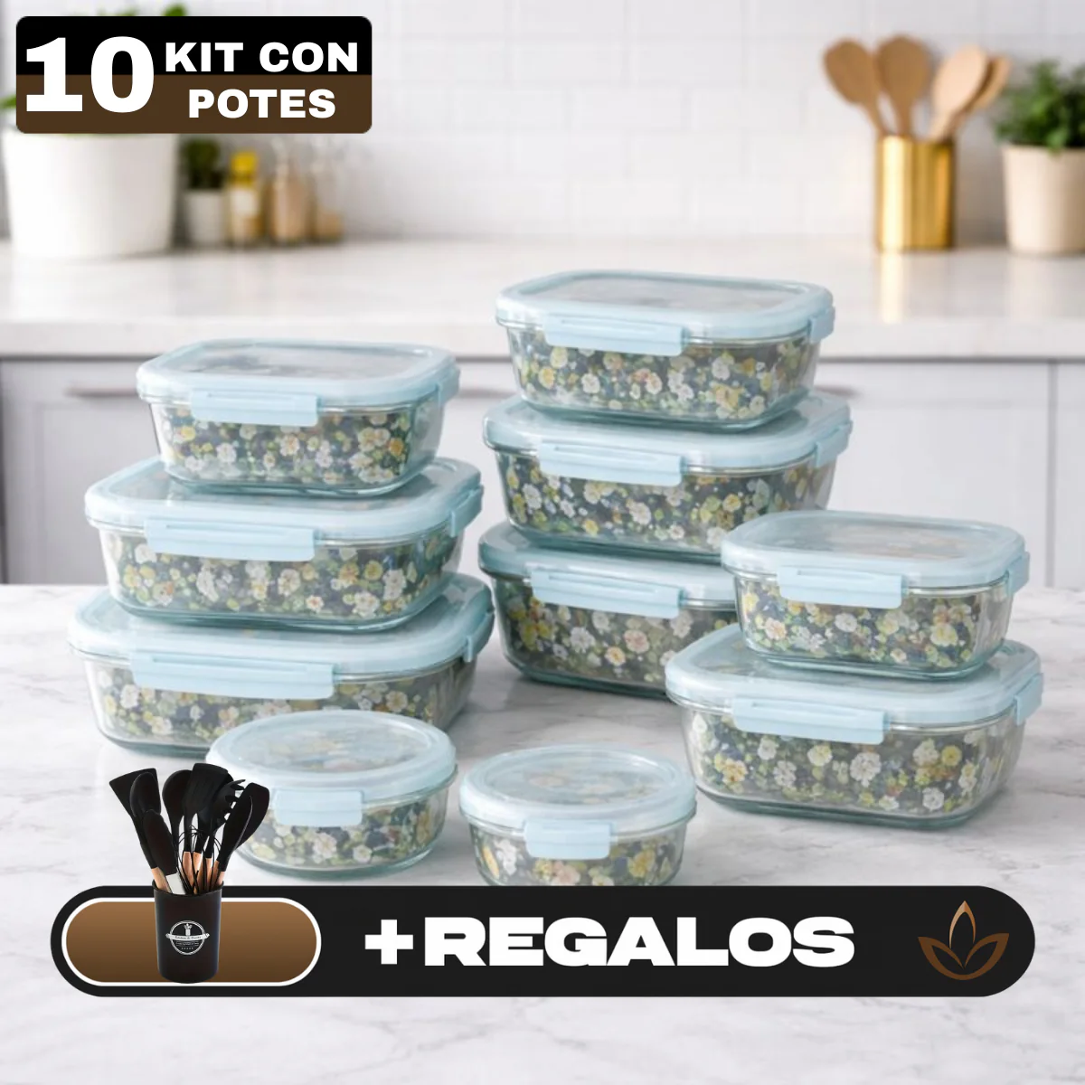 Kit de 10 Frascos Herméticos de Vidrio Templado con Tapa Sellada y Trabas + REGALO: Kit de Utensilios de Cocina - Image 3