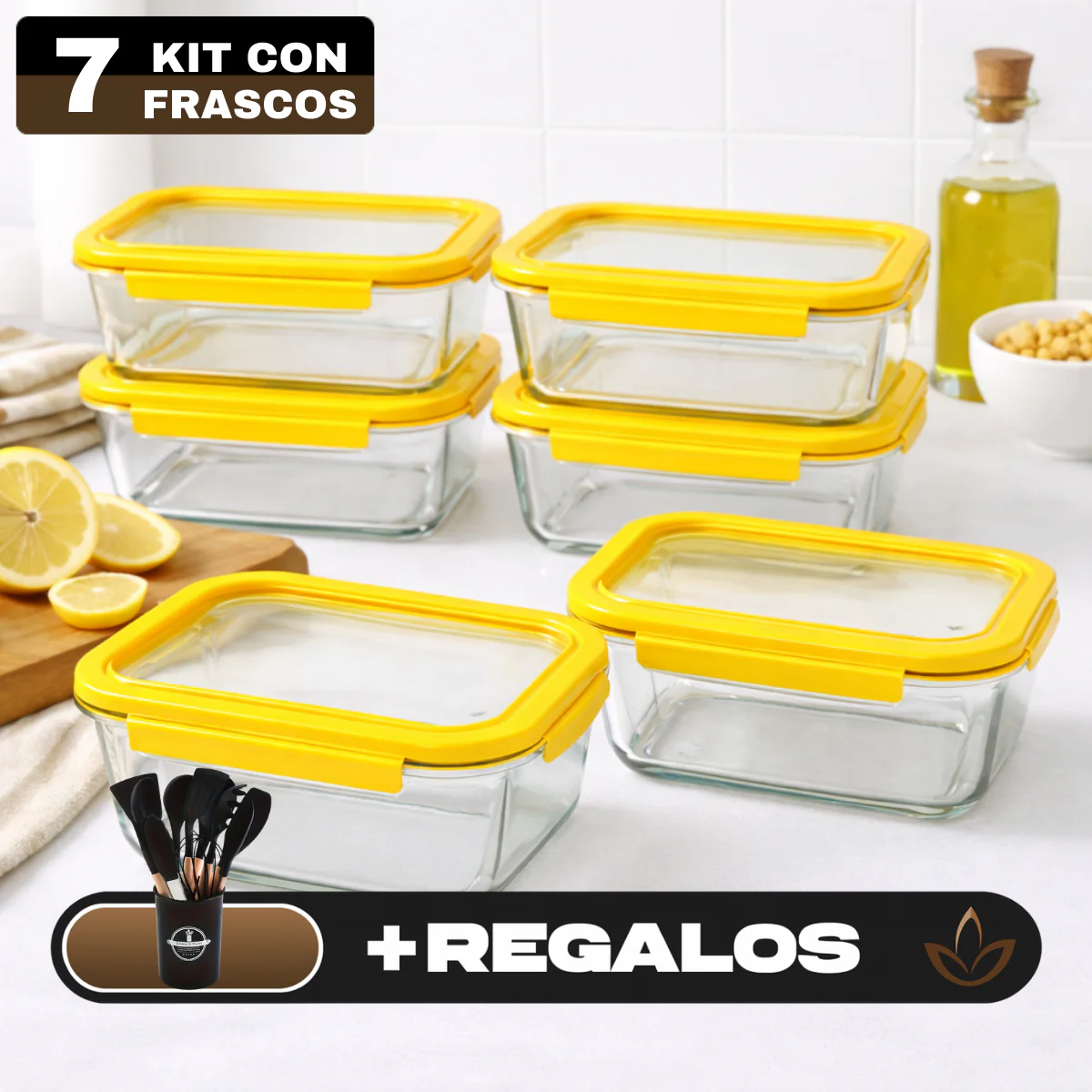 Kit de 7 Frascos Herméticos de Vidrio Templado con Tapa de Sellado al Vacío + REGALO: Kit de Utensilios de Cocina - Image 2