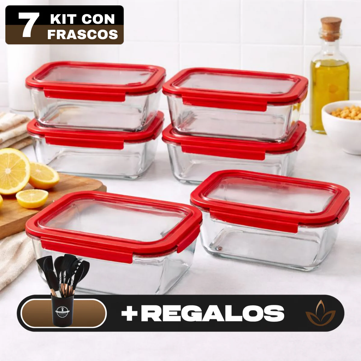 Kit de 7 Frascos Herméticos de Vidrio Templado con Tapa de Sellado al Vacío + REGALO: Kit de Utensilios de Cocina - Image 3