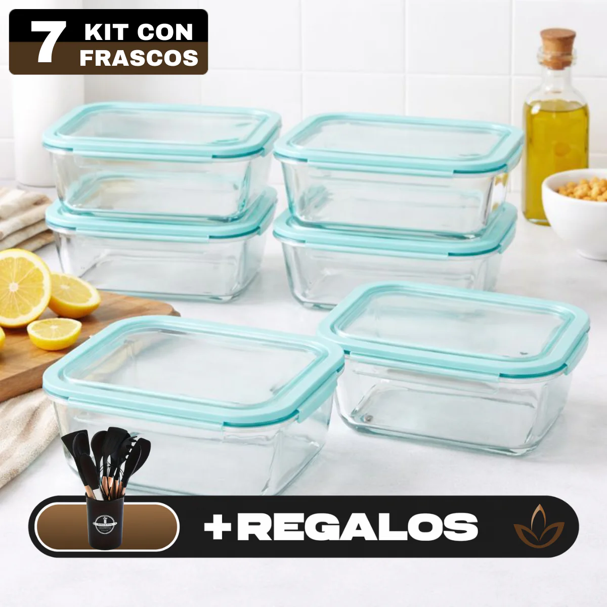 Kit de 7 Frascos Herméticos de Vidrio Templado con Tapa de Sellado al Vacío + REGALO: Kit de Utensilios de Cocina - Image 4