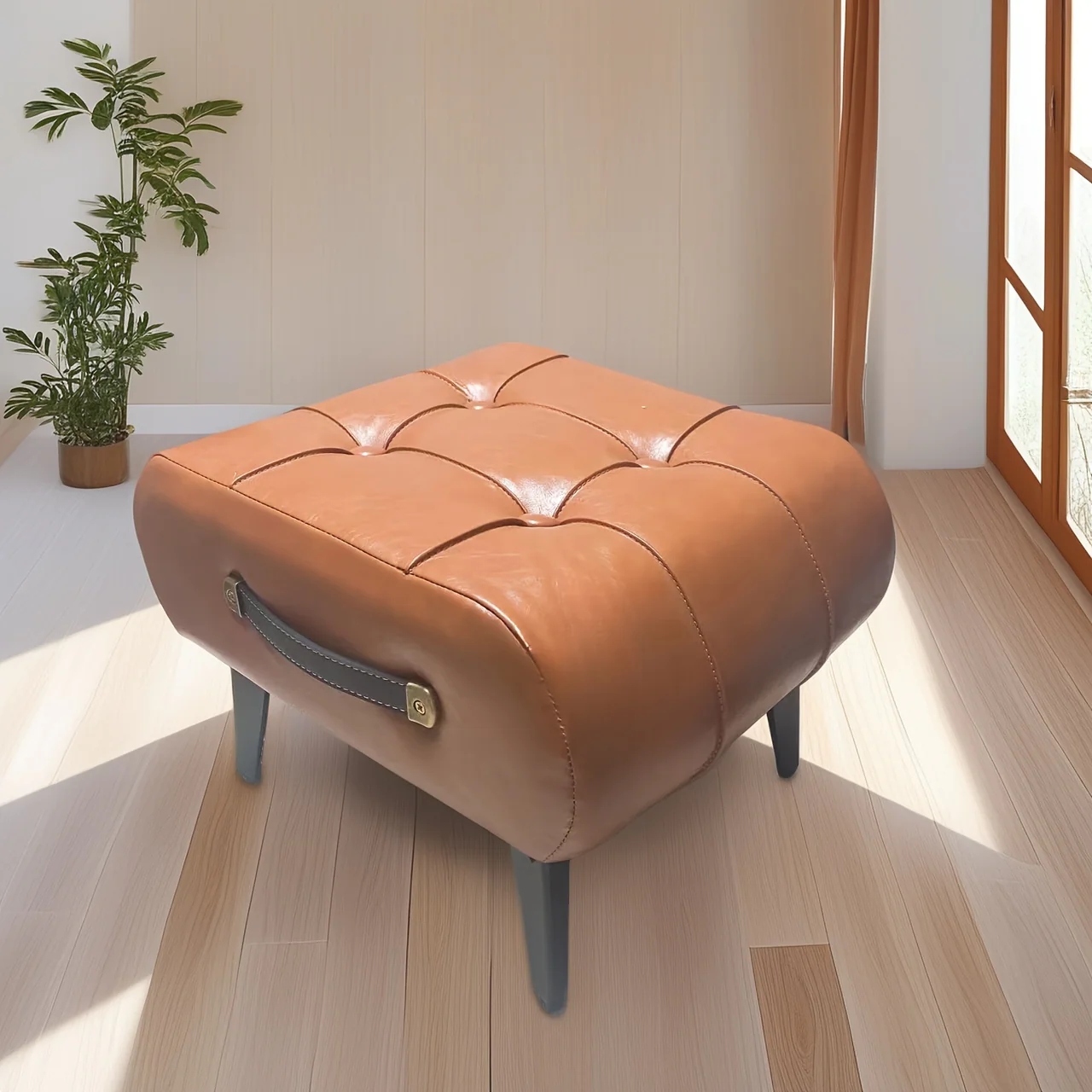 [Llevá 2 Pagá 1] Banqueta de Cuero Legítimo Acolchonada con Patas de Madera y Asa Lateral - Image 2