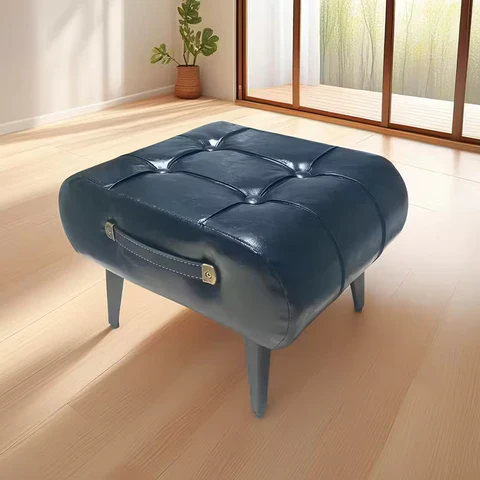 [Llevá 2 Pagá 1] Banqueta de Cuero Legítimo Acolchonada con Patas de Madera y Asa Lateral - Image 5