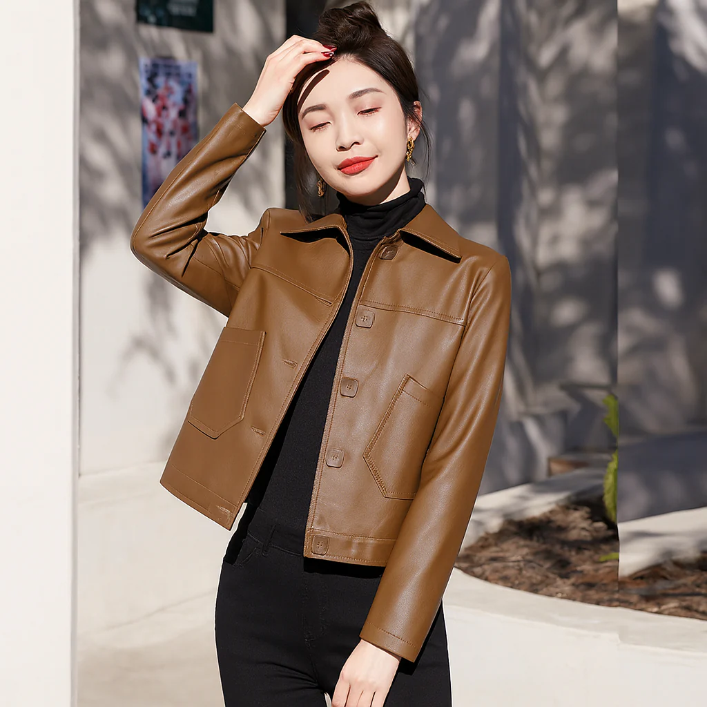 [Llevá 2 Pagá 1] Campera Femenina Luara de Cuero Legítimo con Bolsillos Laterales (¡Textura suave y diseño retro!) - Image 4