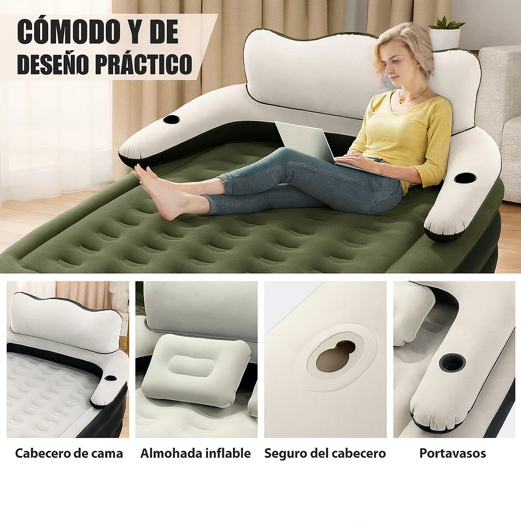 [Llevá 2 Pagá 1] Colchón Portátil de Dos Plazas con Apoyo para la Cabeza, Triple Revestimiento y Antidesgarro +REGALO: Bomba de Aire Eléctrica - Image 4