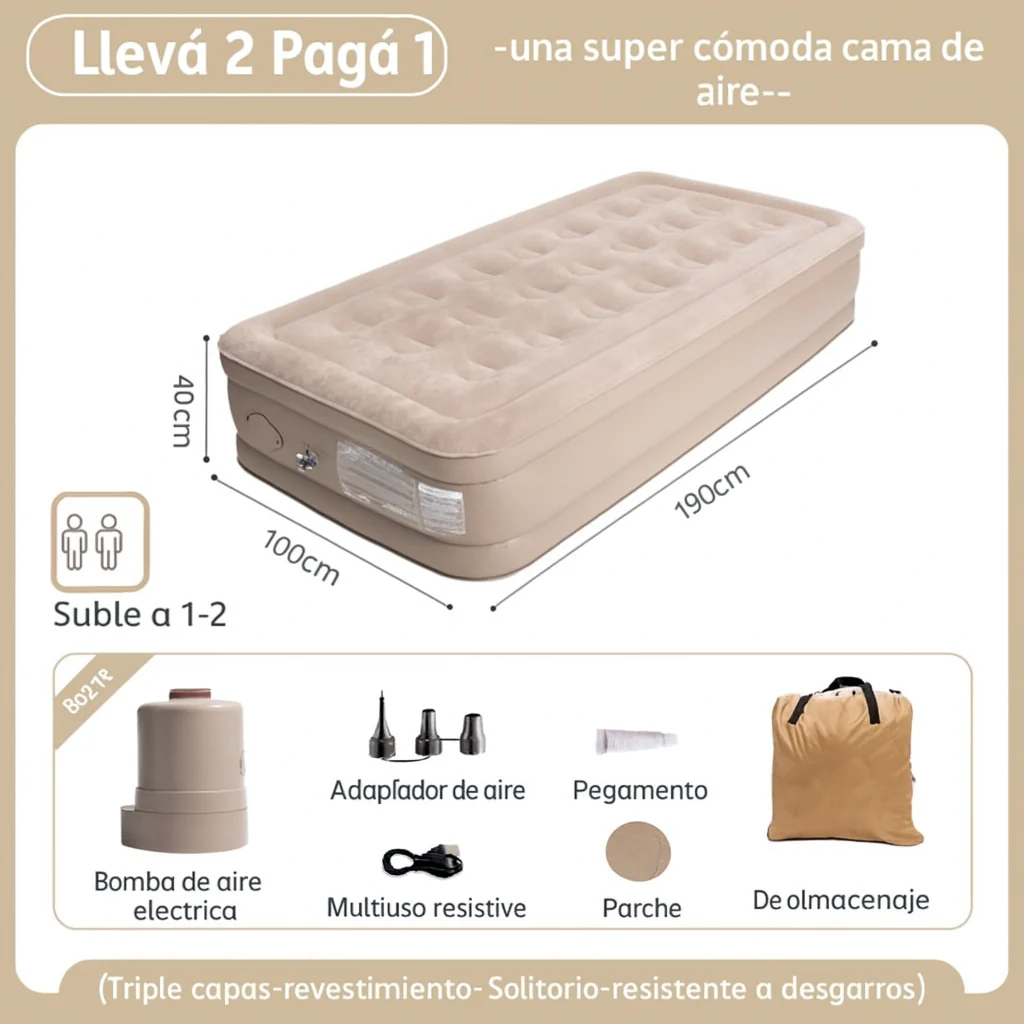 [Llevá 2 Pagá 1] Colchón Portátil de Una Plaza con Triple Revestimiento y Antidesgarro +REGALO: Bomba de Aire Eléctrica - Image 2
