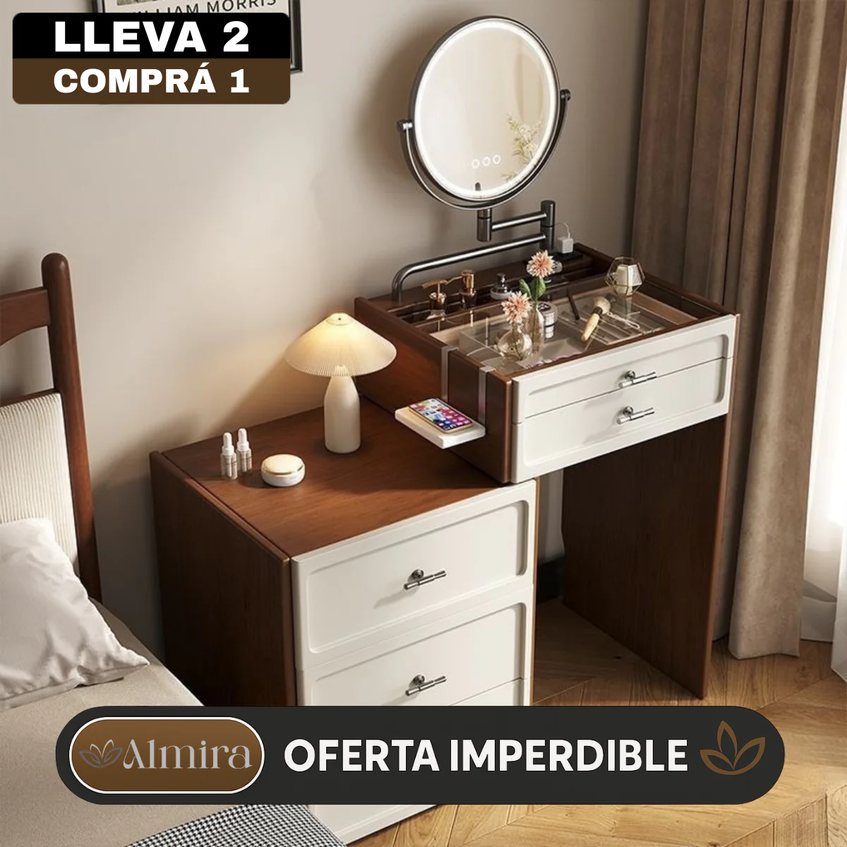 [Llevá 2 Pagá 1] Mesita Organizadora de Dormitorio de Madera con 4 Cajones y Compartimentos Inteligentes - Image 2