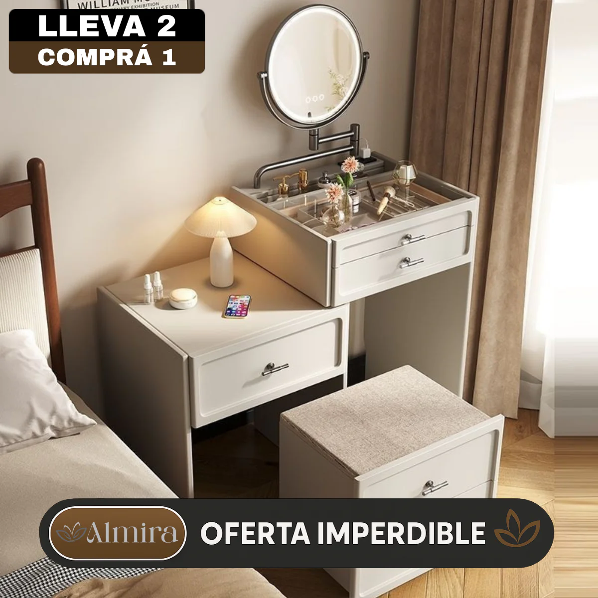 [Llevá 2 Pagá 1] Mesita Organizadora de Dormitorio de Madera con 4 Cajones y Compartimentos Inteligentes - Image 3