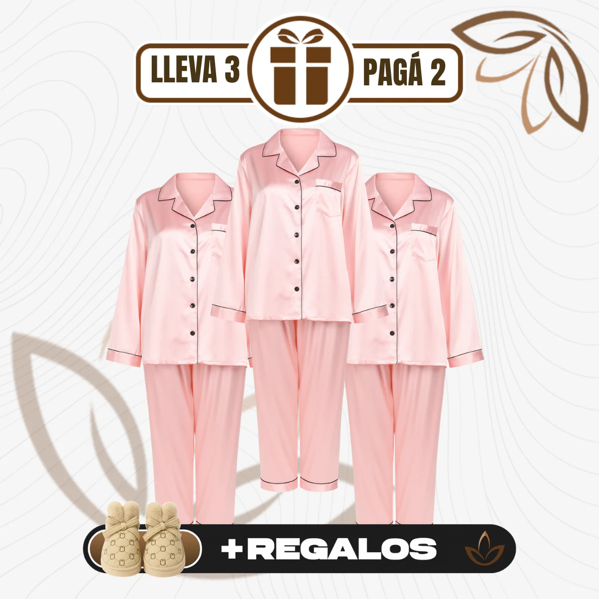 [Llevá 3 Pagá 2] Pijama Femenino Mona en Satén y Seda Hielo (Confort y Suavidad Únicos) + Pantufas de Regalo - Image 2