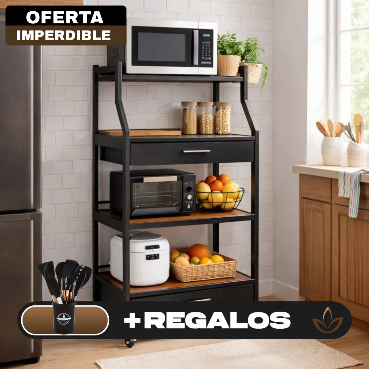 Organizador Multifuncional de Cocina de 5 Niveles en Acero Inoxidable y Madera +REGALO: Kit de Utensilios de Cocina - Image 2