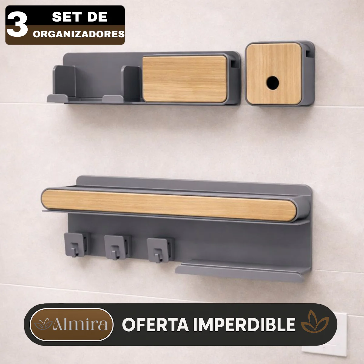 Set de 3 Organizadores de Baño de Madera y Acero Inoxidable con Divisiones Inteligentes - Image 2