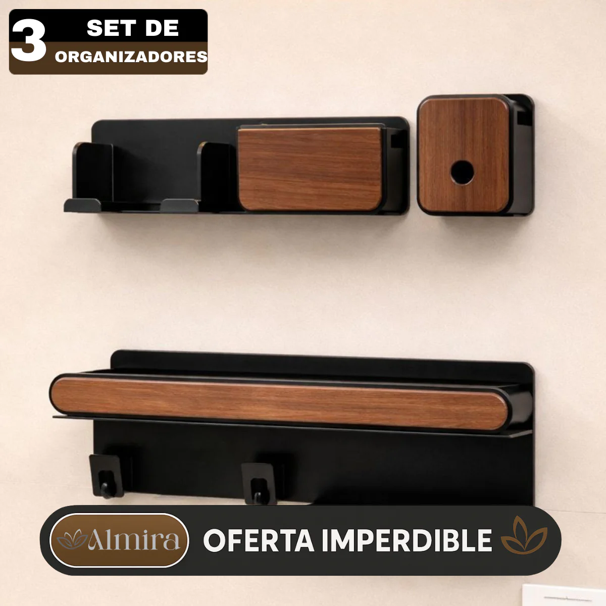 Set de 3 Organizadores de Baño de Madera y Acero Inoxidable con Divisiones Inteligentes - Image 3